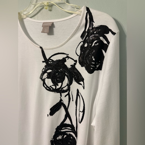 🏷️ Chico's Size 2 Black Ivory Beaded Long Sleeve Cotton Blend Top (Large / 12) - Picture 2 of 5